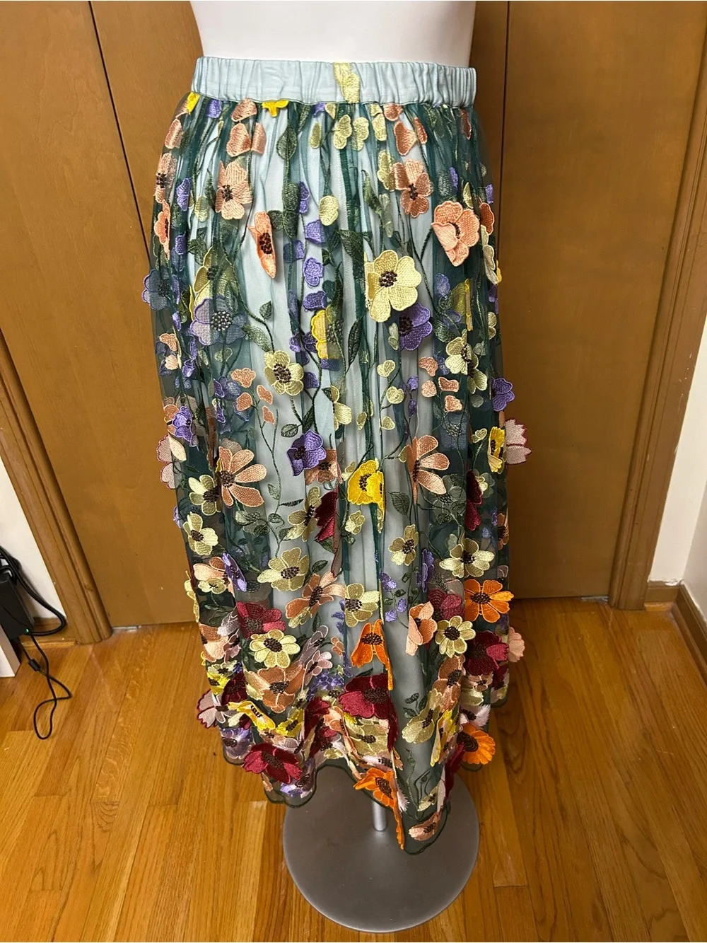 Maeve Seafoam Maxi Skirt with Multicolor Floral Appliqués - Picture 2 of 7